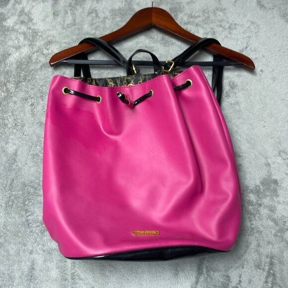 Y2K Juicy Couture Pink & Black Drawstring Tote Bag Gold Accents a1644 - Picture 1 of 9